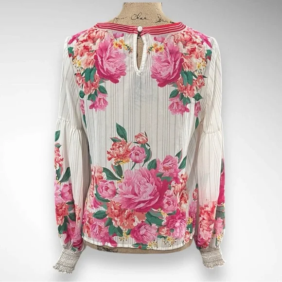VICI‎ Valencia Rose Printed White Pink Boho Balloon Sleeve Blouse Small | EUC - Picture 3 of 9